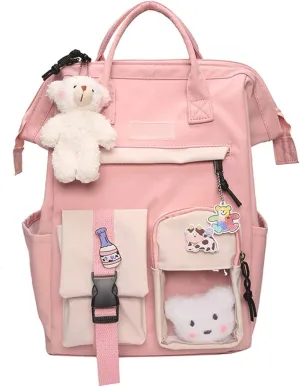 Cute Backpack with Cute Pin Accessories Plush Pendant for School Bag Student Girl Backpack Super-Capacity Waterproof Travel Backpack(Pink-3)