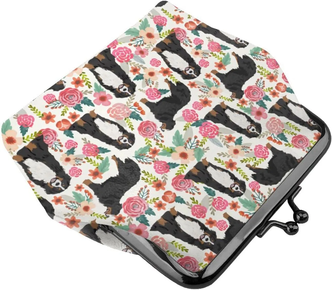 Cute Bernese Mountain Dog Puppy Lovers Print Coin Purses For Women Pu Leather Vintage Buckle Coin Kiss-Lock Change Purse Card Holder Pouch Wallets Small Makeup Bags Pink Flowers Florals Handbag Gifts