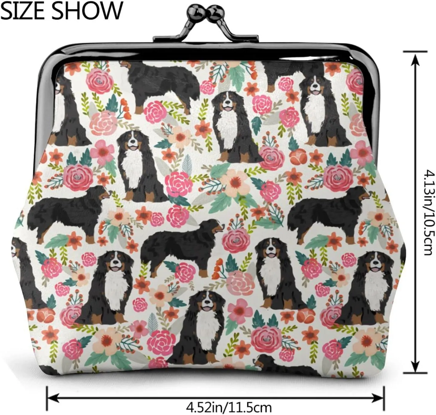 Cute Bernese Mountain Dog Puppy Lovers Print Coin Purses For Women Pu Leather Vintage Buckle Coin Kiss-Lock Change Purse Card Holder Pouch Wallets Small Makeup Bags Pink Flowers Florals Handbag Gifts