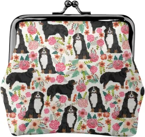 Cute Bernese Mountain Dog Puppy Lovers Print Coin Purses For Women Pu Leather Vintage Buckle Coin Kiss-Lock Change Purse Card Holder Pouch Wallets Small Makeup Bags Pink Flowers Florals Handbag Gifts