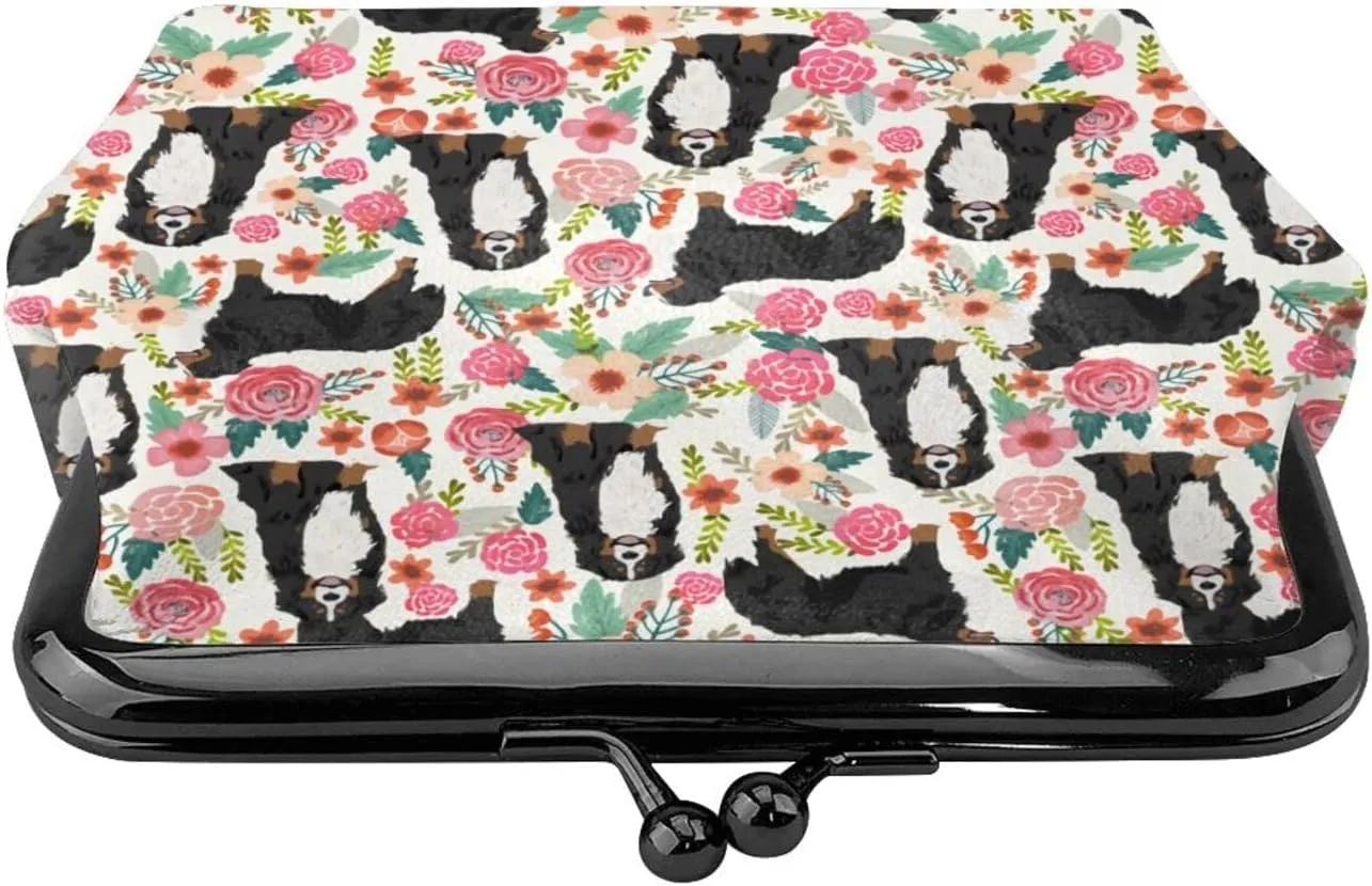 Cute Bernese Mountain Dog Puppy Lovers Print Coin Purses For Women Pu Leather Vintage Buckle Coin Kiss-Lock Change Purse Card Holder Pouch Wallets Small Makeup Bags Pink Flowers Florals Handbag Gifts