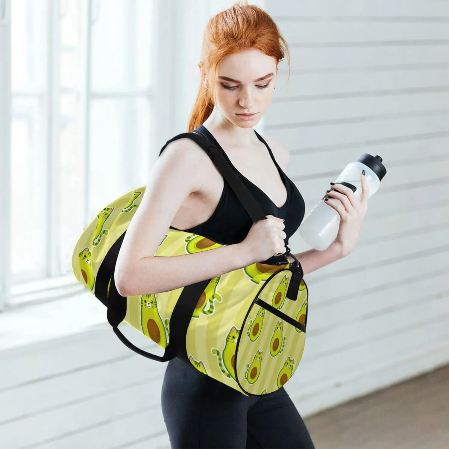 Cute Cartoon Avocados with Cat Muzzle, Ears and Tail Green Style Duffel Bag, Foldable Canvas Travel Tote for Gym Sports with Inner Pockets, Durable Lightweight Fitness Bag for Overnight Workout