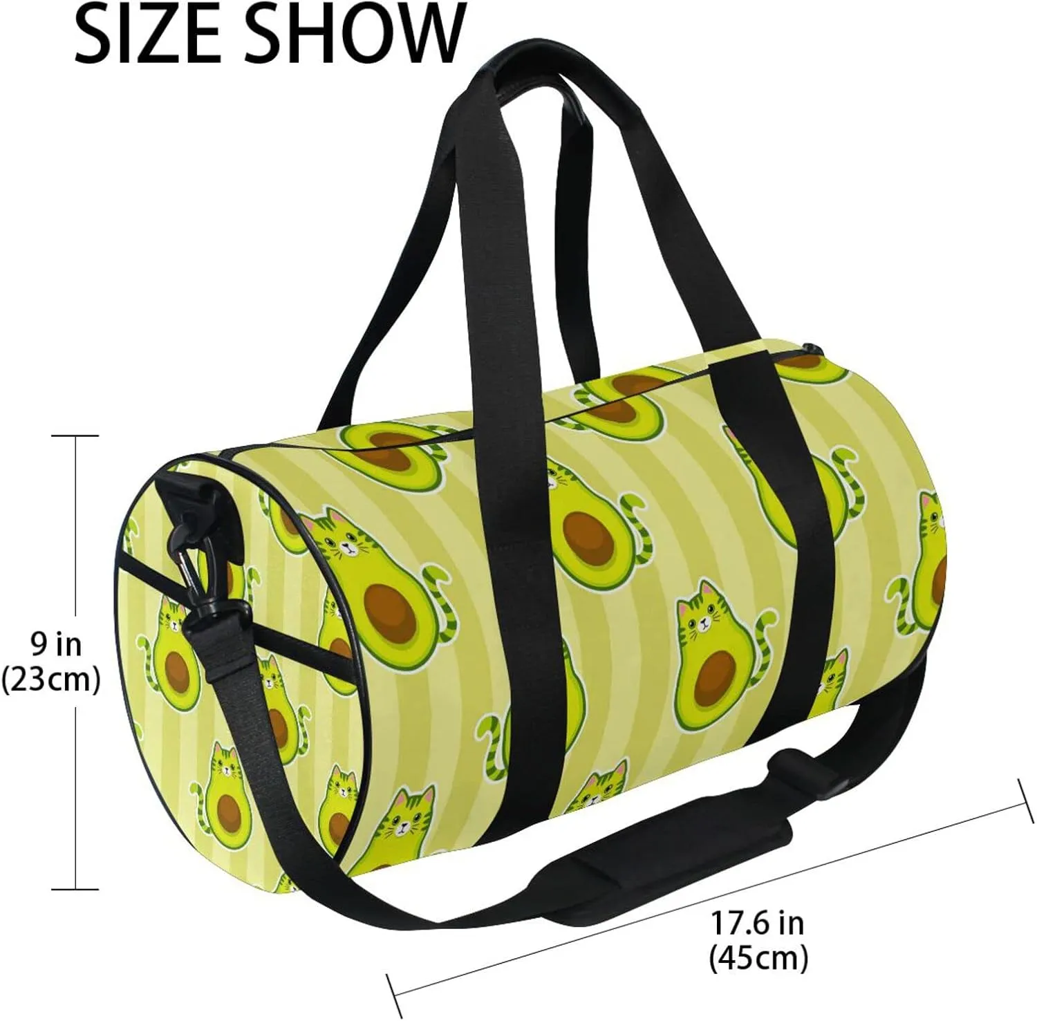 Cute Cartoon Avocados with Cat Muzzle, Ears and Tail Green Style Duffel Bag, Foldable Canvas Travel Tote for Gym Sports with Inner Pockets, Durable Lightweight Fitness Bag for Overnight Workout
