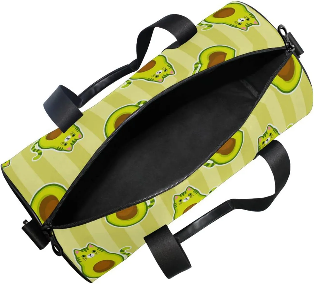 Cute Cartoon Avocados with Cat Muzzle, Ears and Tail Green Style Duffel Bag, Foldable Canvas Travel Tote for Gym Sports with Inner Pockets, Durable Lightweight Fitness Bag for Overnight Workout