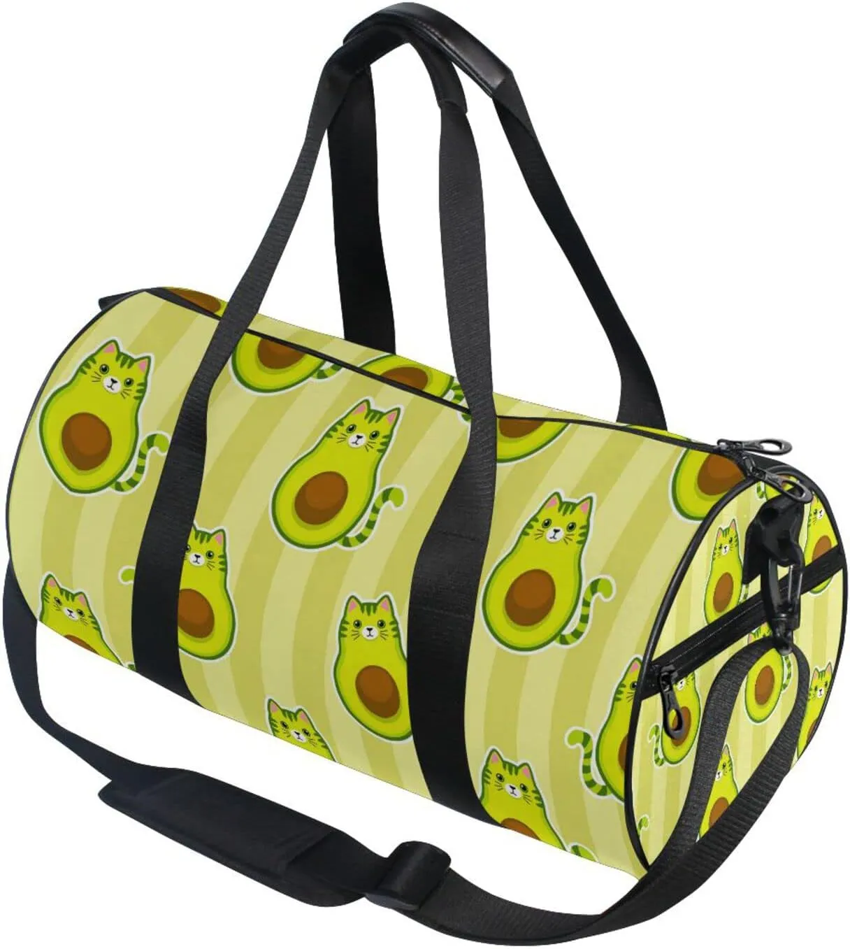 Cute Cartoon Avocados with Cat Muzzle, Ears and Tail Green Style Duffel Bag, Foldable Canvas Travel Tote for Gym Sports with Inner Pockets, Durable Lightweight Fitness Bag for Overnight Workout