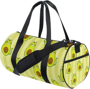 Cute Cartoon Avocados with Cat Muzzle, Ears and Tail Green Style Duffel Bag, Foldable Canvas Travel Tote for Gym Sports with Inner Pockets, Durable Lightweight Fitness Bag for Overnight Workout