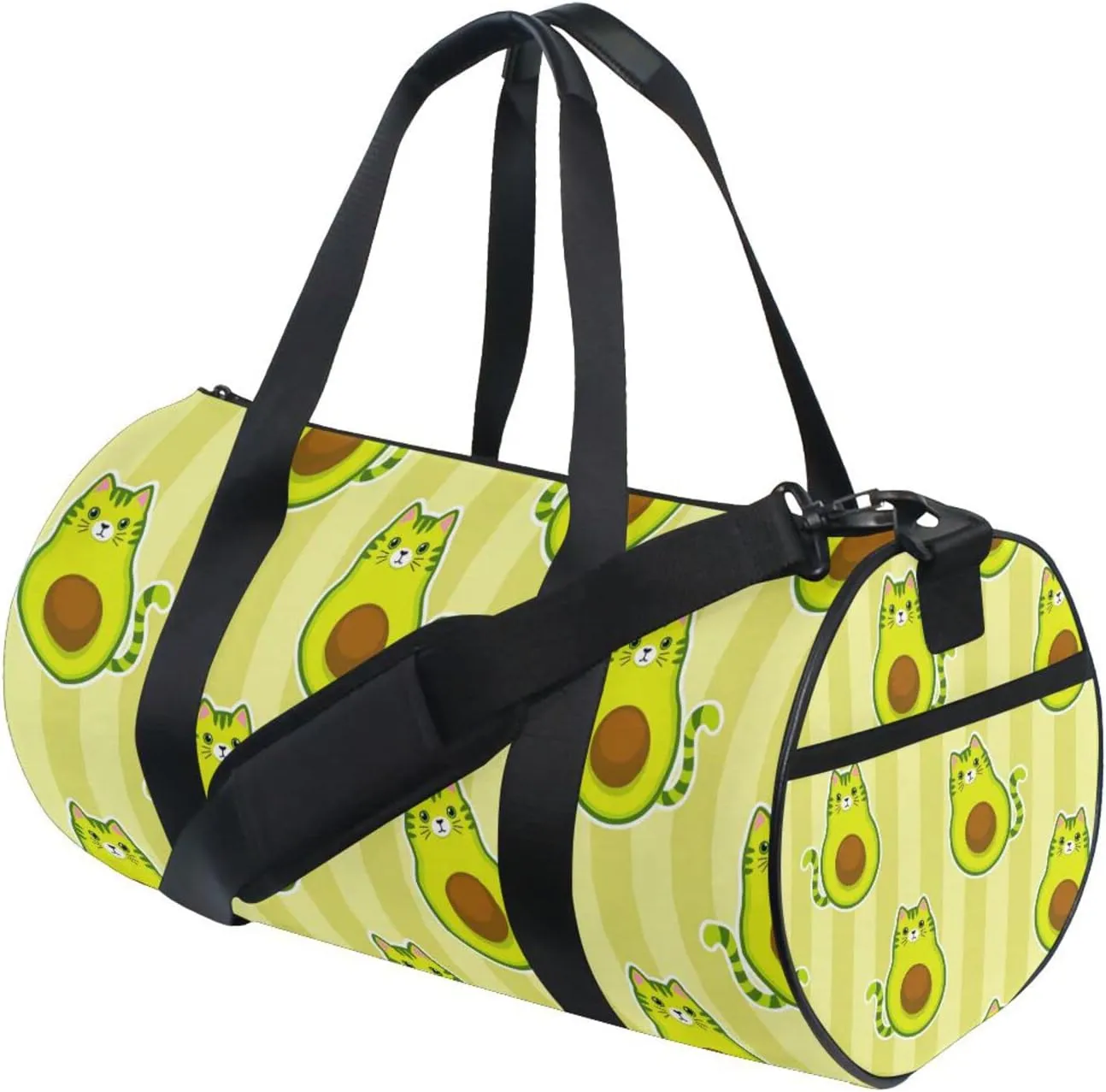 Cute Cartoon Avocados with Cat Muzzle, Ears and Tail Green Style Duffel Bag, Foldable Canvas Travel Tote for Gym Sports with Inner Pockets, Durable Lightweight Fitness Bag for Overnight Workout