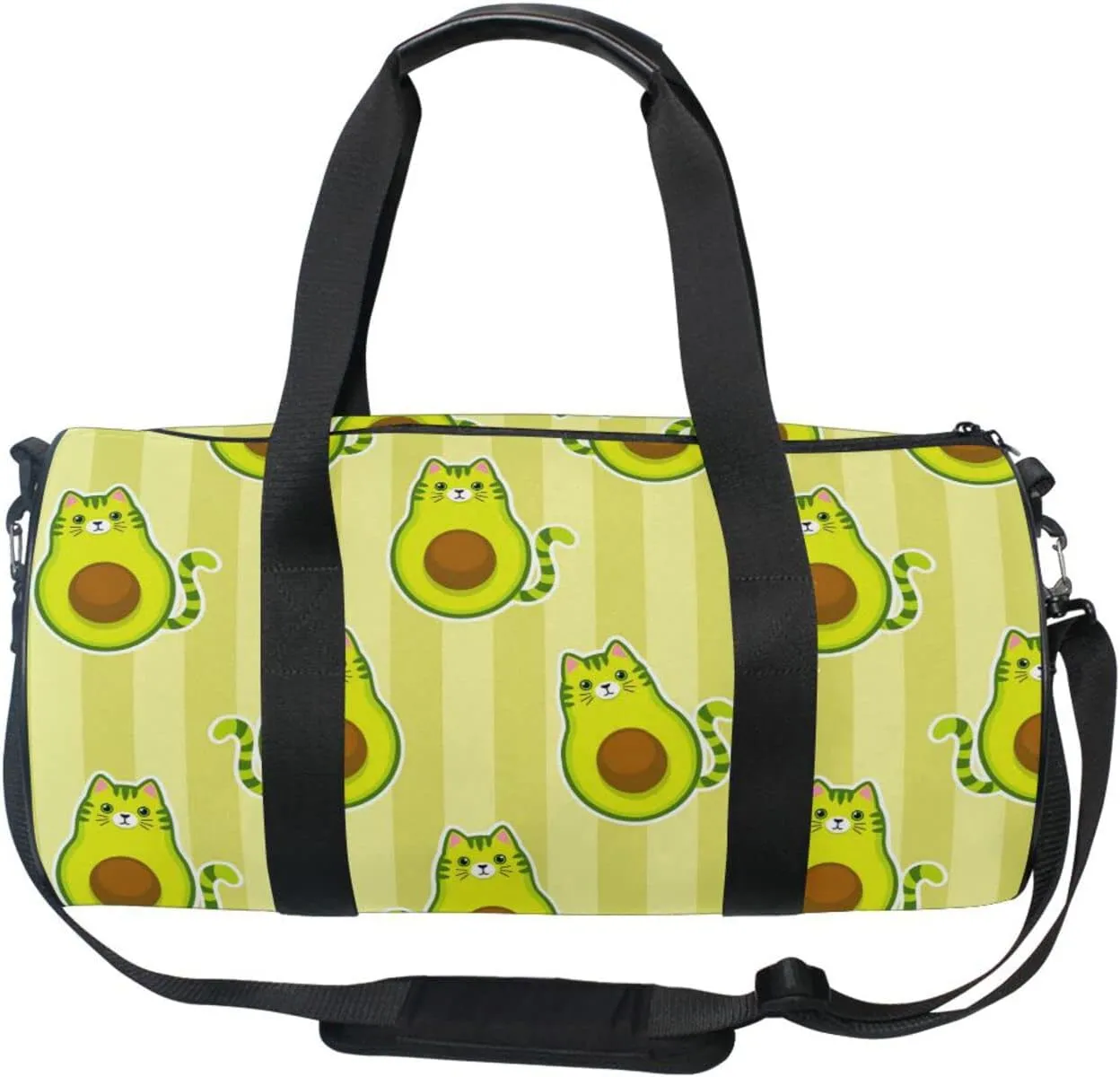 Cute Cartoon Avocados with Cat Muzzle, Ears and Tail Green Style Duffel Bag, Foldable Canvas Travel Tote for Gym Sports with Inner Pockets, Durable Lightweight Fitness Bag for Overnight Workout
