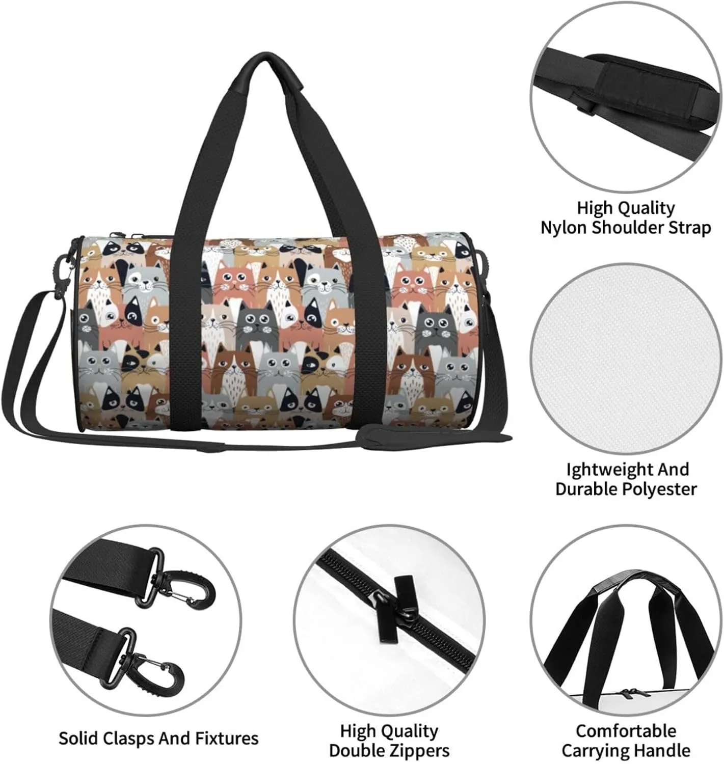 Cute Cartoon Cats Sports Gym Bag Travel Duffel Bag Shoes Compartment For Men Women Foldable Lightweight Yoga Gym Sports Bag