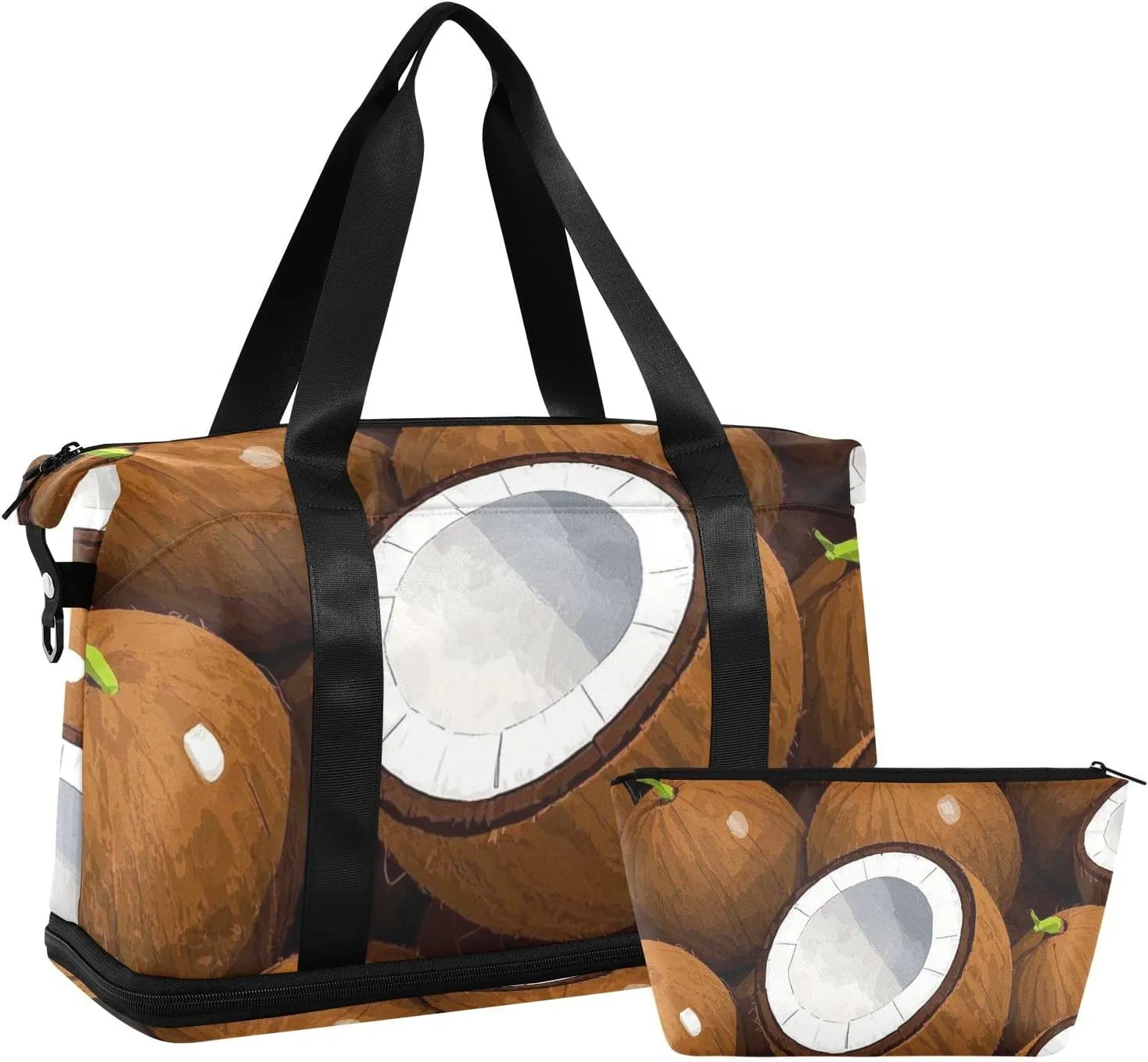 Cute Cartoon Fruit Coconut Brown Duffel Bags Sports Duffel Bags with Adjustable Strap for Travel Foldable