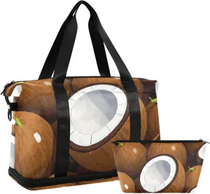 Cute Cartoon Fruit Coconut Brown Duffel Bags Sports Duffel Bags with Adjustable Strap for Travel Foldable
