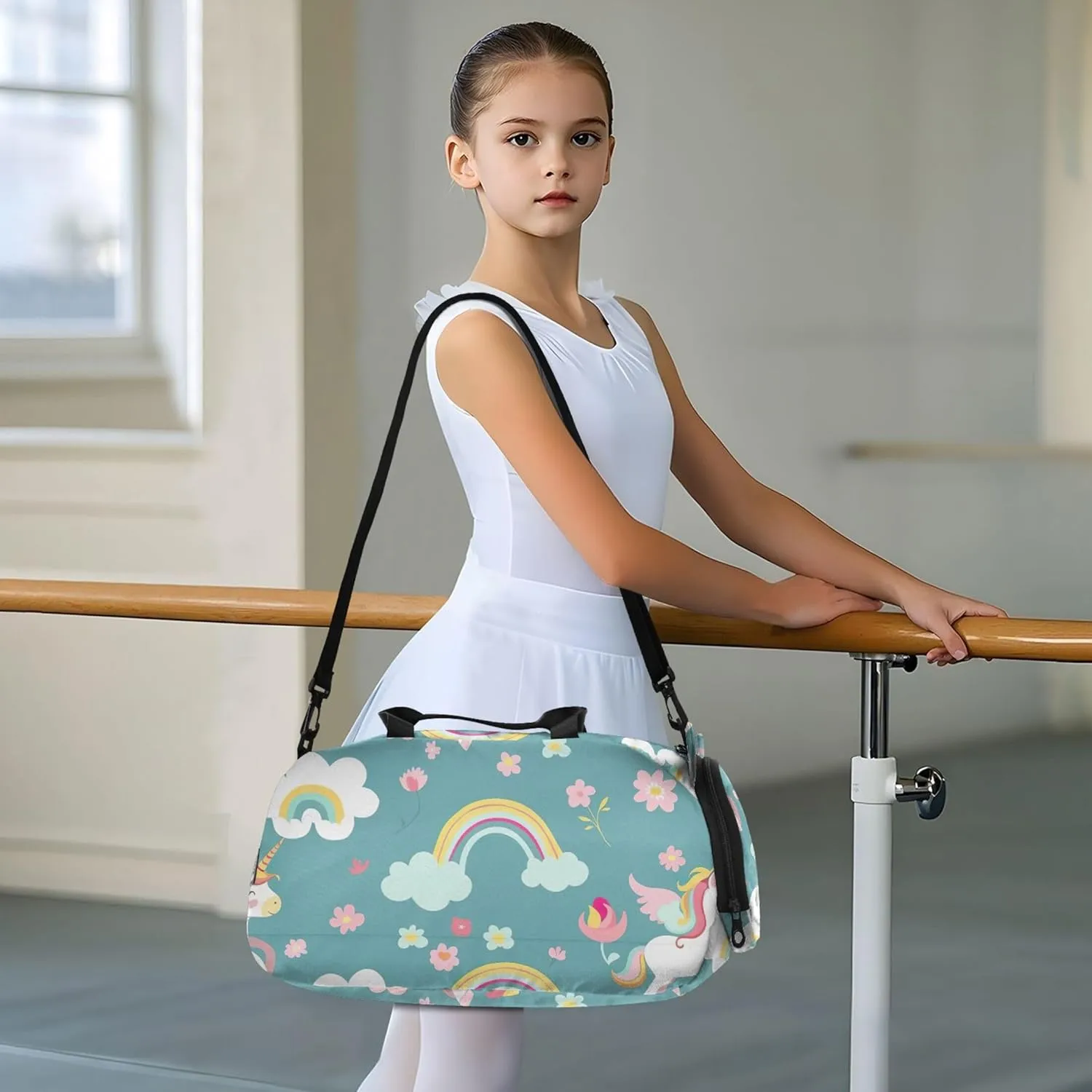 Cute Cartoon Unicorns Flowers Green Carry on Duffel Bag Boy Weekender Overnight Duffle Bags for Traveling Tote with Shoulder Strap