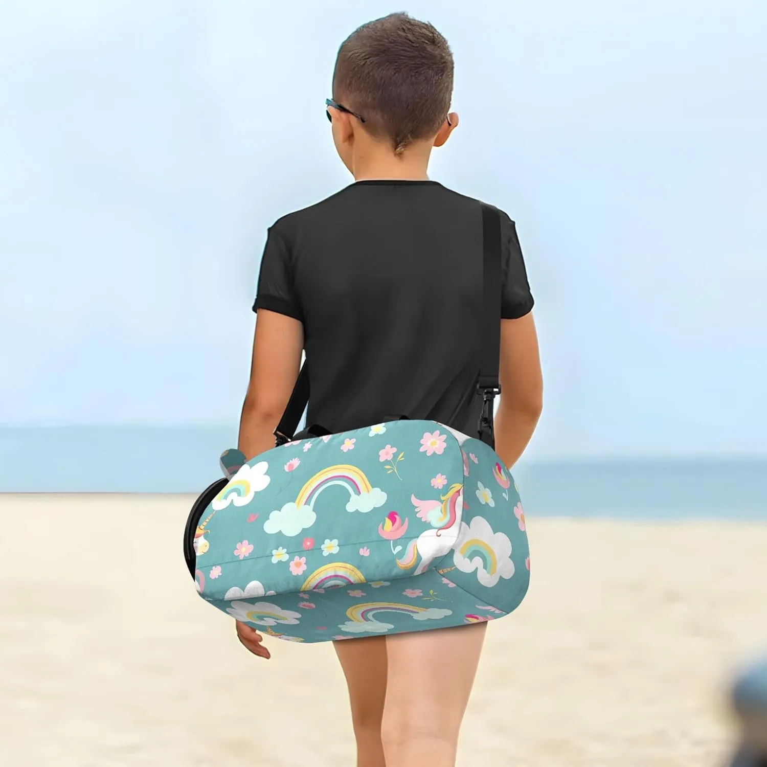Cute Cartoon Unicorns Flowers Green Carry on Duffel Bag Boy Weekender Overnight Duffle Bags for Traveling Tote with Shoulder Strap