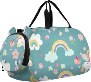 Cute Cartoon Unicorns Flowers Green Carry on Duffel Bag Boy Weekender Overnight Duffle Bags for Traveling Tote with Shoulder Strap