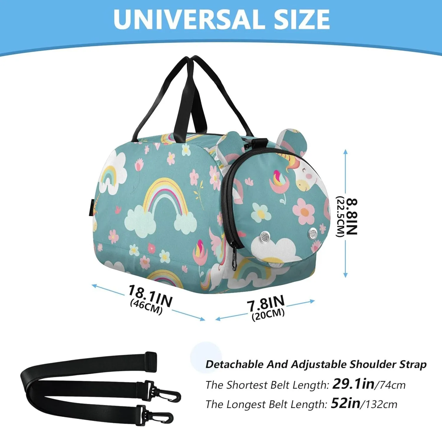 Cute Cartoon Unicorns Flowers Green Carry on Duffel Bag Boy Weekender Overnight Duffle Bags for Traveling Tote with Shoulder Strap
