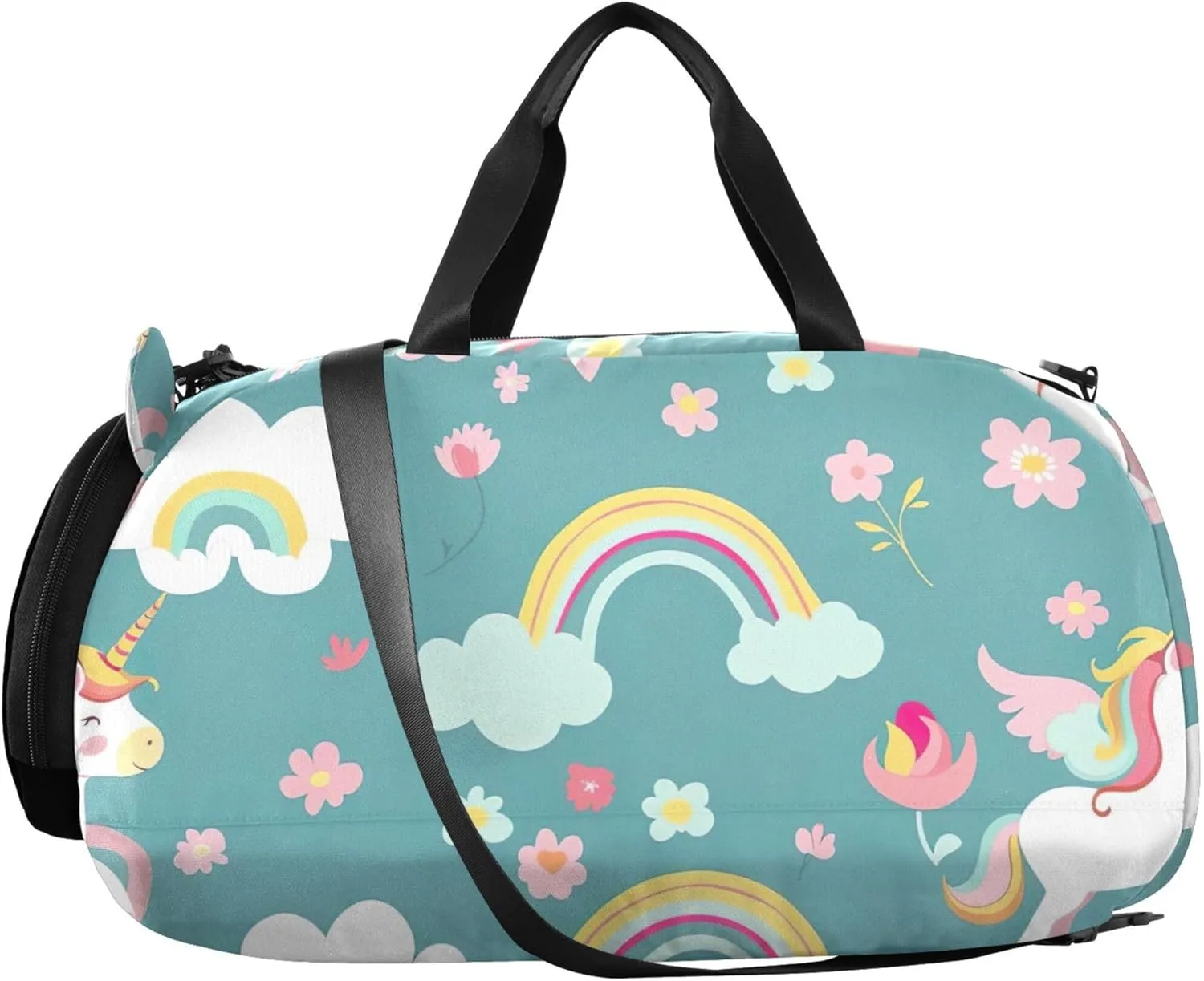 Cute Cartoon Unicorns Flowers Green Carry on Duffel Bag Boy Weekender Overnight Duffle Bags for Traveling Tote with Shoulder Strap