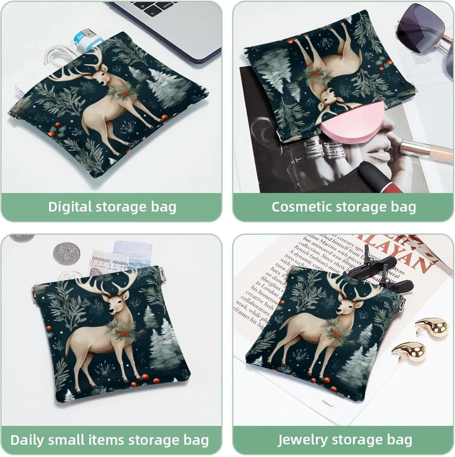 Cute Christmas Elk-1860 Pocket Cosmetic Bag, Waterproof Squeeze Makeup Bag No Zipper Self-Closing, Portable Mini Travel Storage for Headphones Jewelry