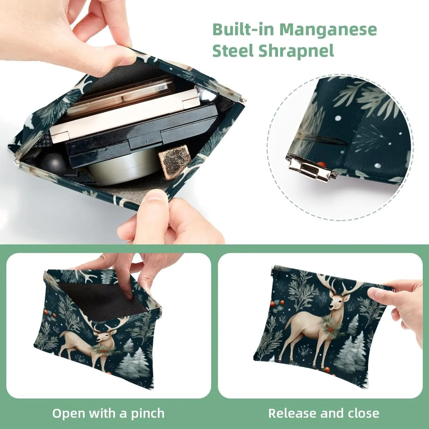 Cute Christmas Elk-1860 Pocket Cosmetic Bag, Waterproof Squeeze Makeup Bag No Zipper Self-Closing, Portable Mini Travel Storage for Headphones Jewelry