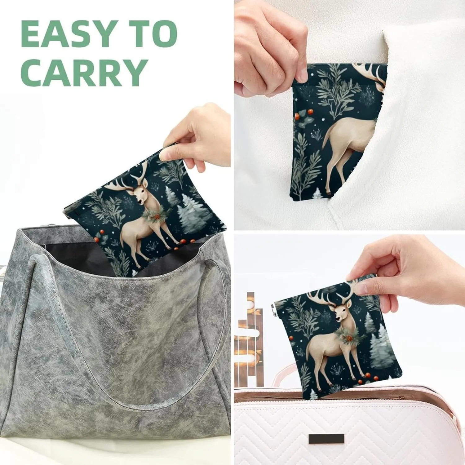 Cute Christmas Elk-1860 Pocket Cosmetic Bag, Waterproof Squeeze Makeup Bag No Zipper Self-Closing, Portable Mini Travel Storage for Headphones Jewelry
