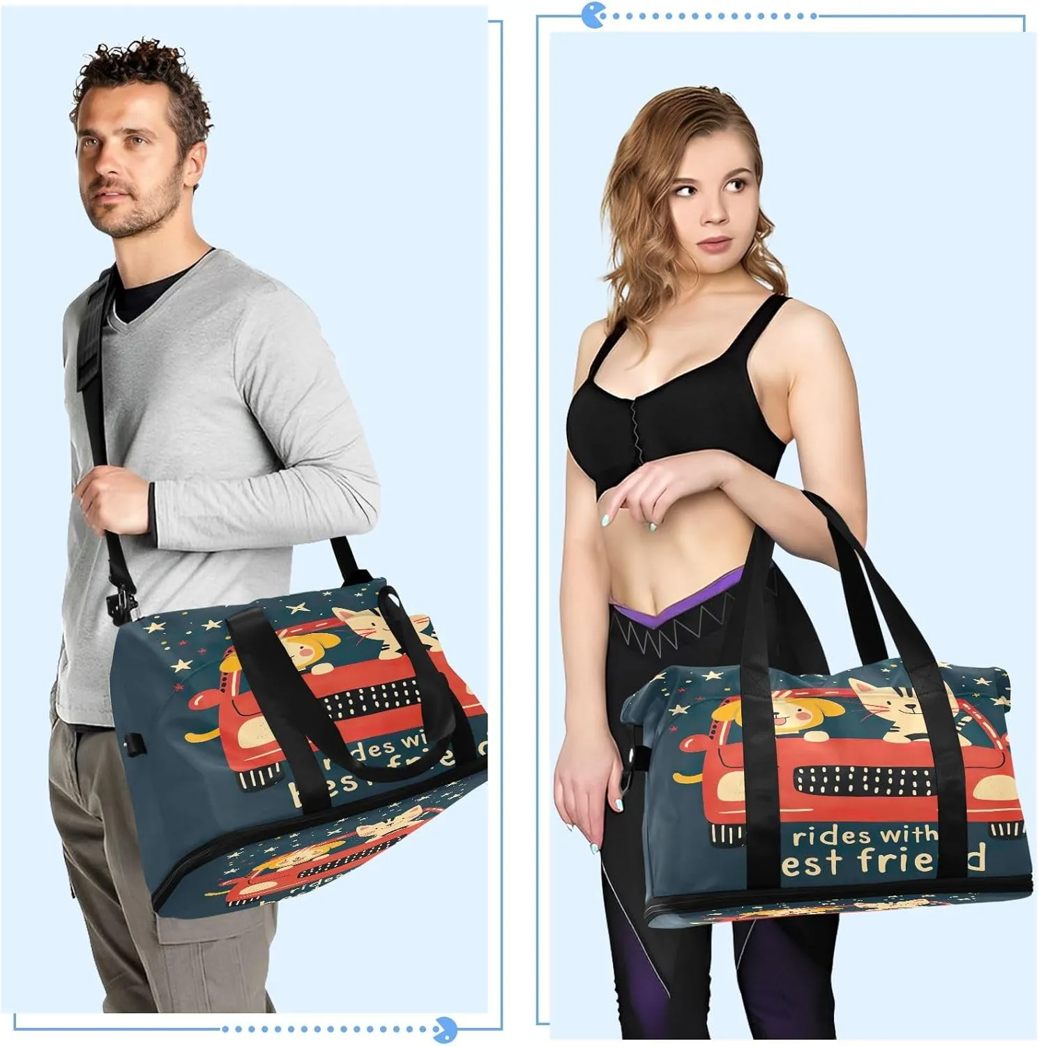 Cute Dog and Cat in Red Car Expandable Travel Weekender Bag for Women with Trolley Sleeve Teen Duffle Bag