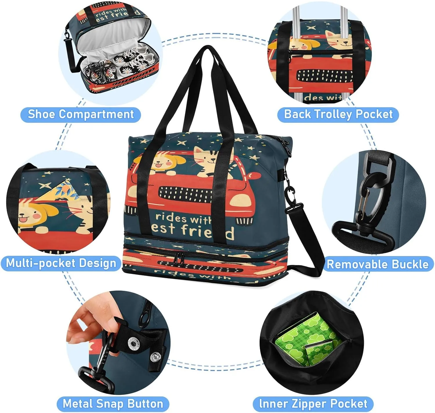 Cute Dog and Cat in Red Car Expandable Travel Weekender Bag for Women with Trolley Sleeve Teen Duffle Bag