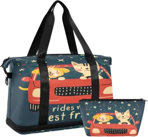 Cute Dog and Cat in Red Car Expandable Travel Weekender Bag for Women with Trolley Sleeve Teen Duffle Bag