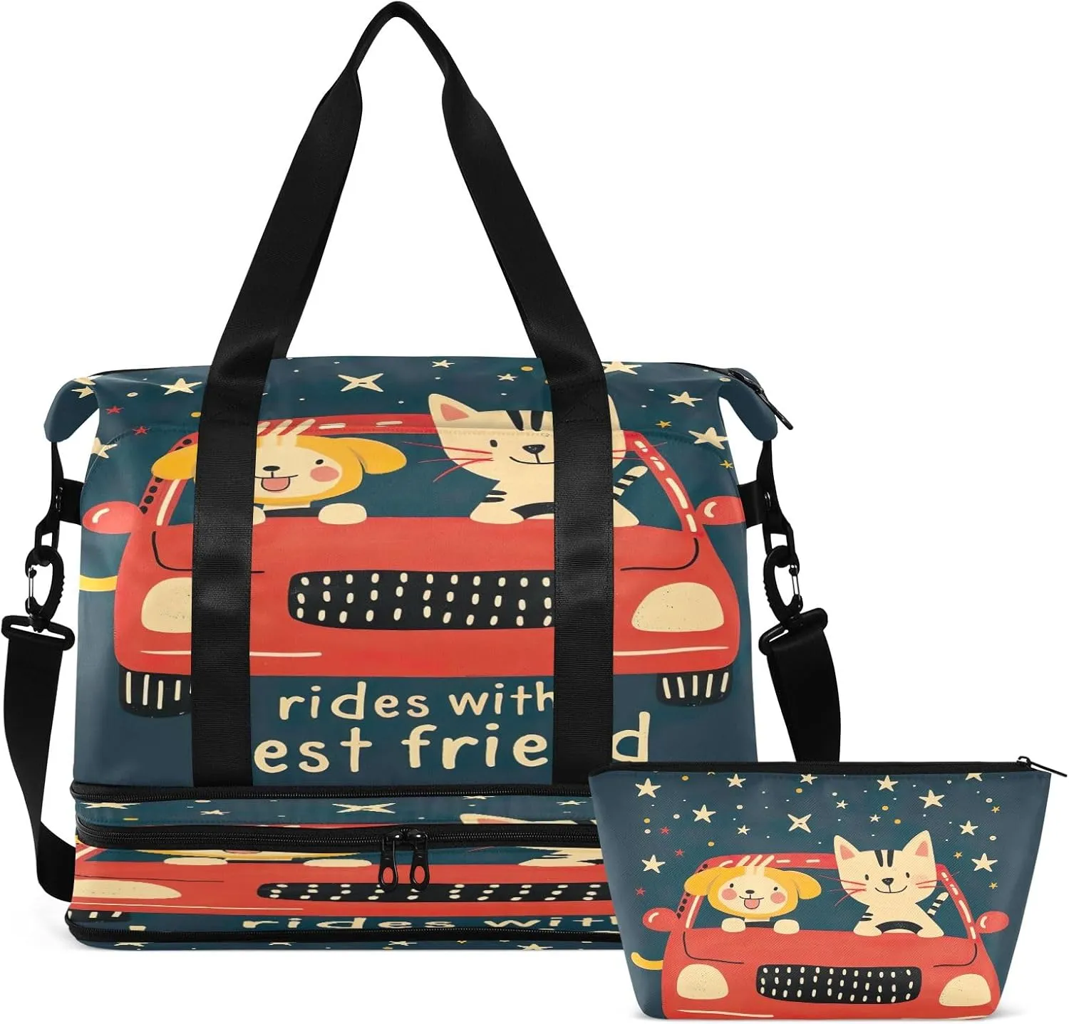 Cute Dog and Cat in Red Car Expandable Travel Weekender Bag for Women with Trolley Sleeve Teen Duffle Bag