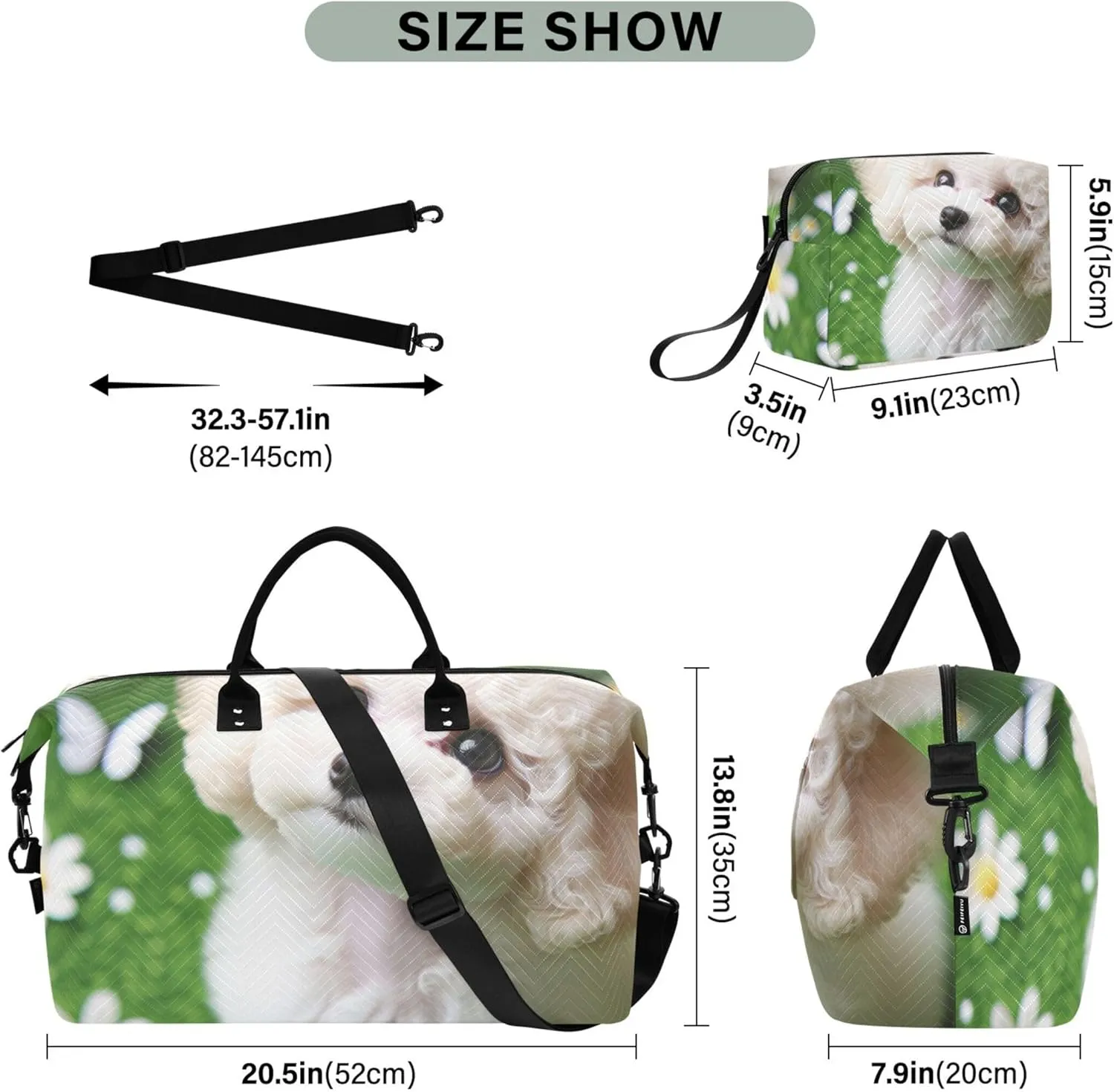 Cute Dog Duffle Bags Travel Toiletry Bags Set of 2, Cute Print Womens Small Duffle Bag Weekend Bag Duffel