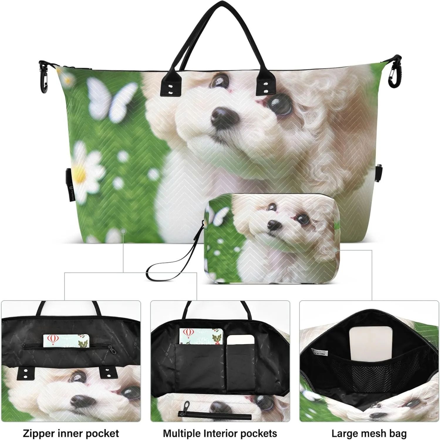 Cute Dog Duffle Bags Travel Toiletry Bags Set of 2, Cute Print Womens Small Duffle Bag Weekend Bag Duffel