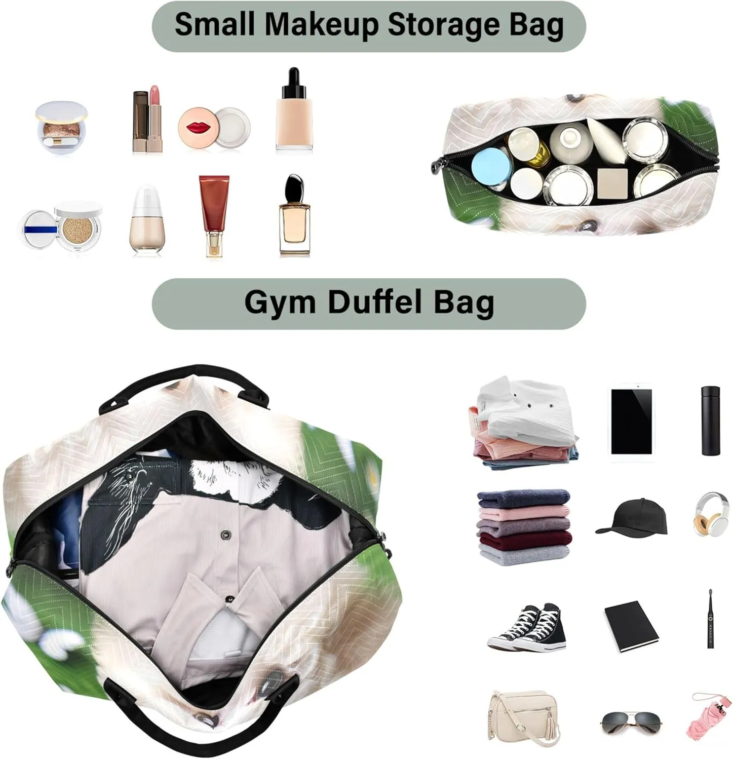 Cute Dog Duffle Bags Travel Toiletry Bags Set of 2, Cute Print Womens Small Duffle Bag Weekend Bag Duffel