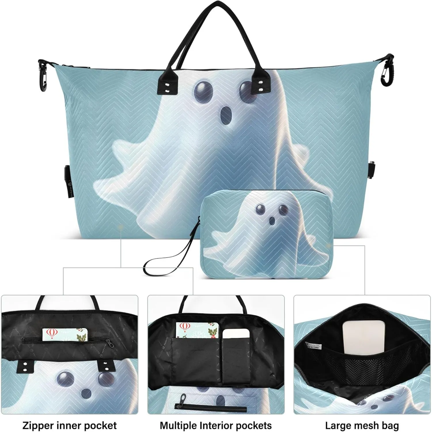 Cute Ghost Text Boo Duffel Bags for Traveling Toiletry Pouches Set of 2, Animals Women Luggage Bag Weekender Bags