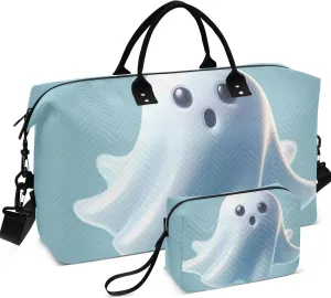 Cute Ghost Text Boo Duffel Bags for Traveling Toiletry Pouches Set of 2, Animals Women Luggage Bag Weekender Bags