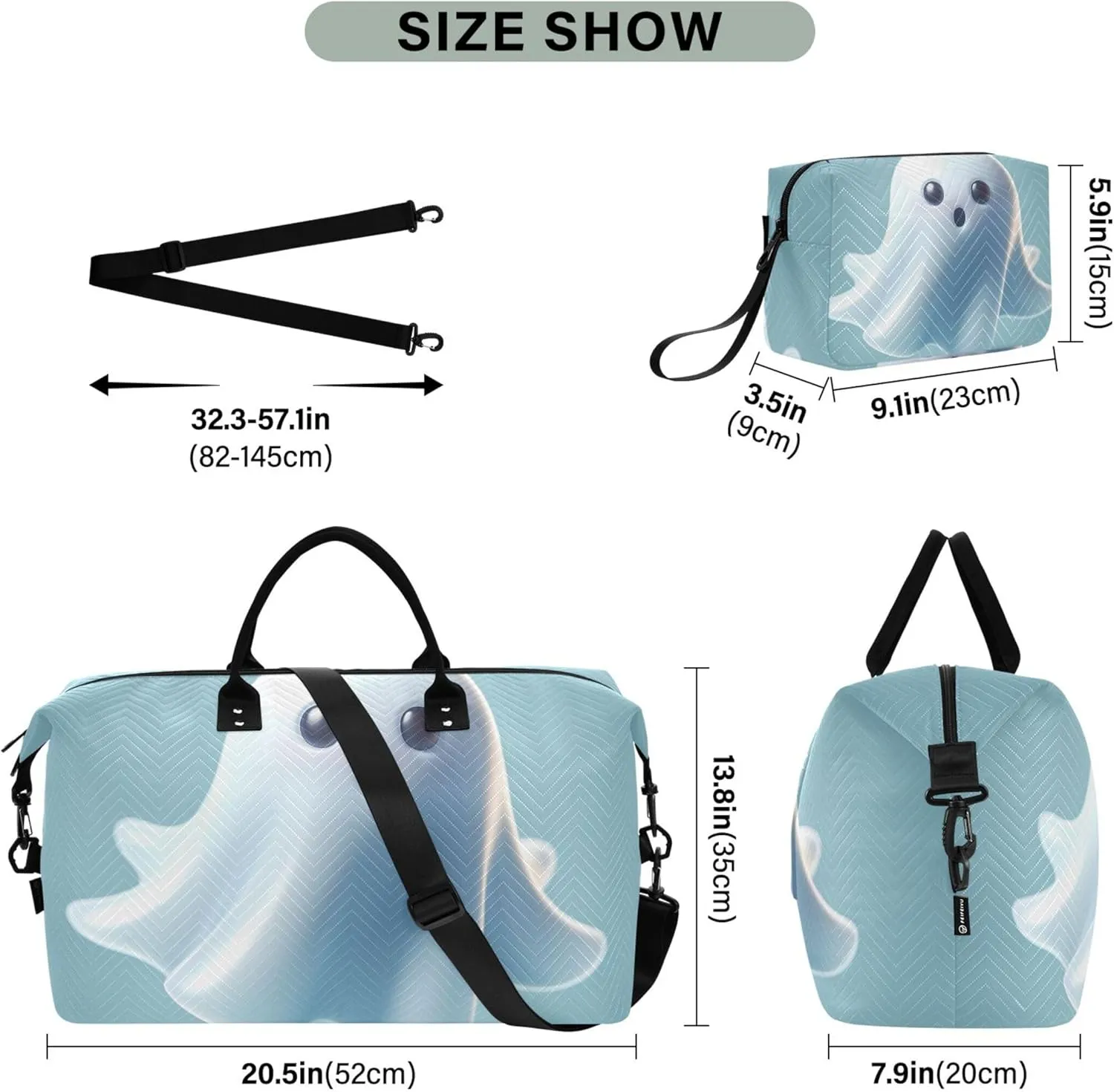 Cute Ghost Text Boo Duffel Bags for Traveling Toiletry Pouches Set of 2, Animals Women Luggage Bag Weekender Bags