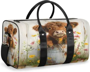 Cute Highland Cow Travel Duffle Bag, Sports Gym Bags for Women Men, Carry On Weekender Overnight Workout Airplane Trips Bag