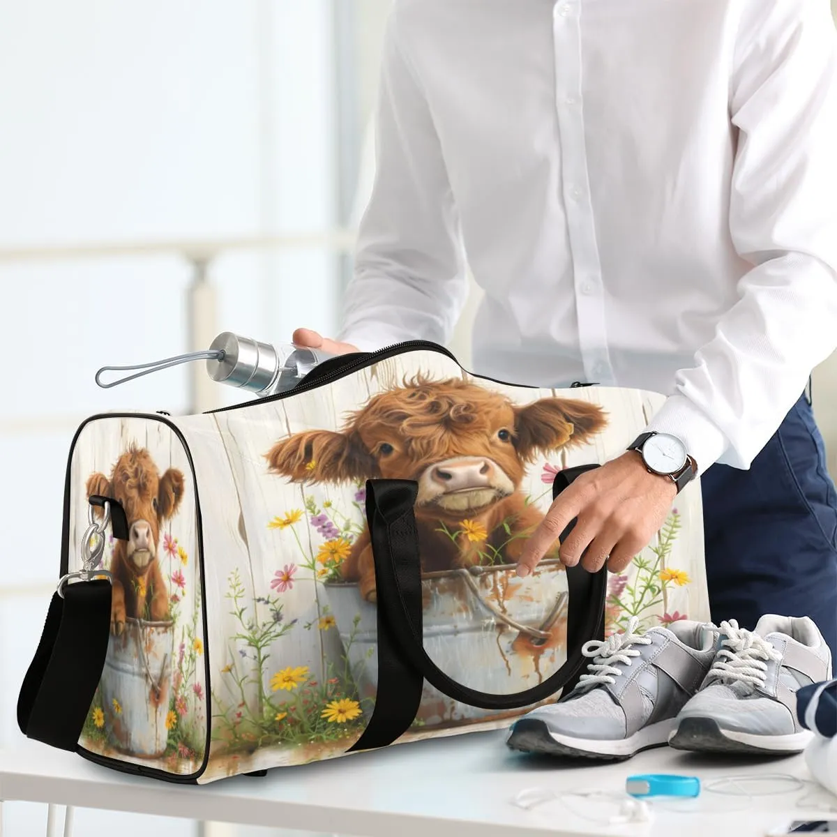Cute Highland Cow Travel Duffle Bag, Sports Gym Bags for Women Men, Carry On Weekender Overnight Workout Airplane Trips Bag