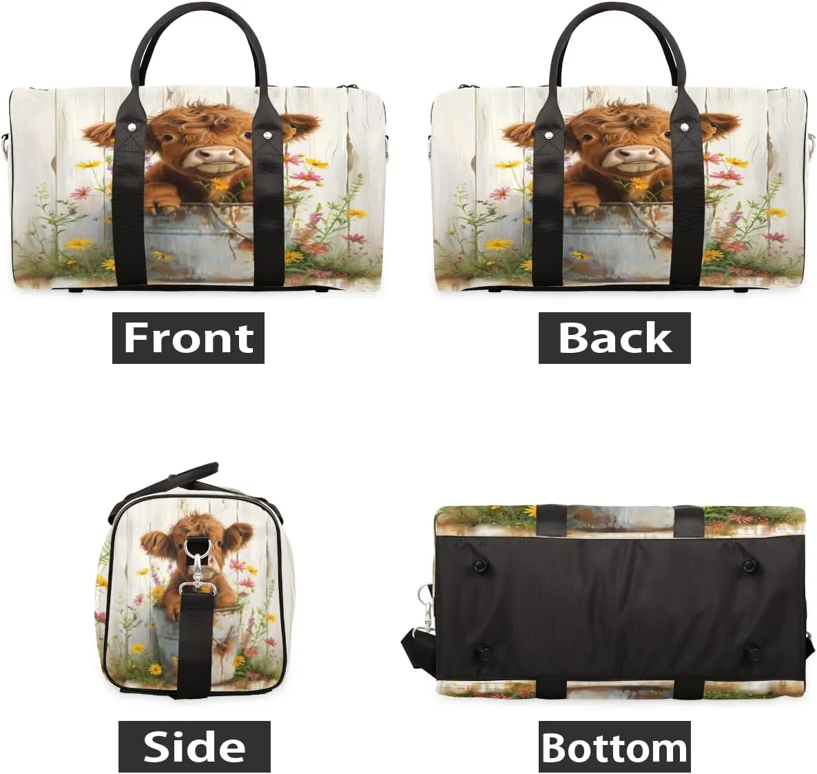 Cute Highland Cow Travel Duffle Bag, Sports Gym Bags for Women Men, Carry On Weekender Overnight Workout Airplane Trips Bag