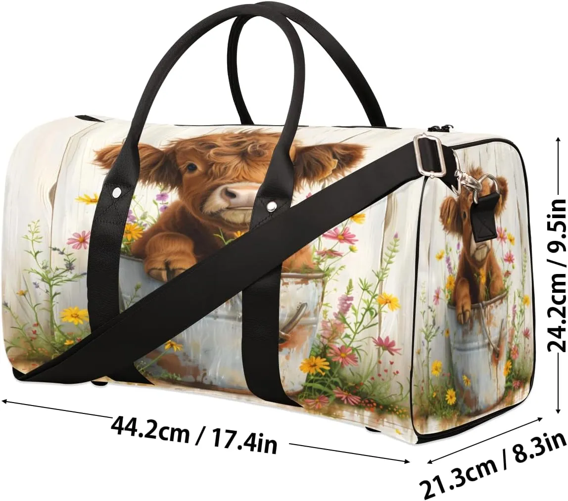 Cute Highland Cow Travel Duffle Bag, Sports Gym Bags for Women Men, Carry On Weekender Overnight Workout Airplane Trips Bag