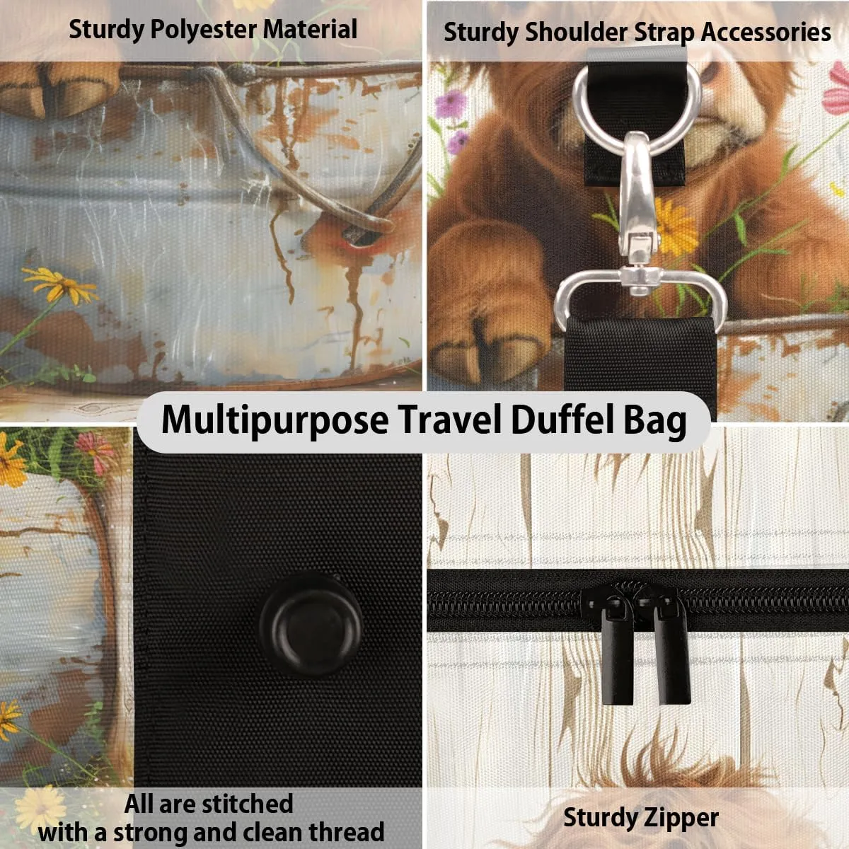 Cute Highland Cow Travel Duffle Bag, Sports Gym Bags for Women Men, Carry On Weekender Overnight Workout Airplane Trips Bag