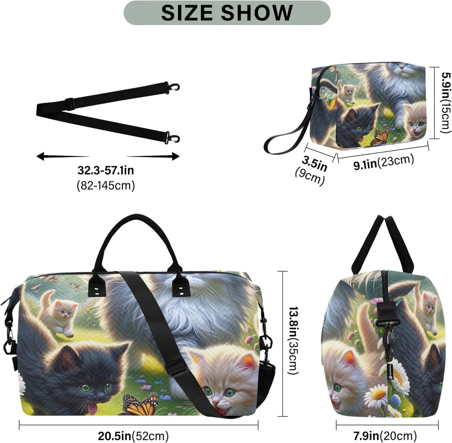 Cute Kitten Floral Cat Travel Duffel Bag Cosmetic Bag Set of 2, Print Women Tote Gym Bag Weekender Bag