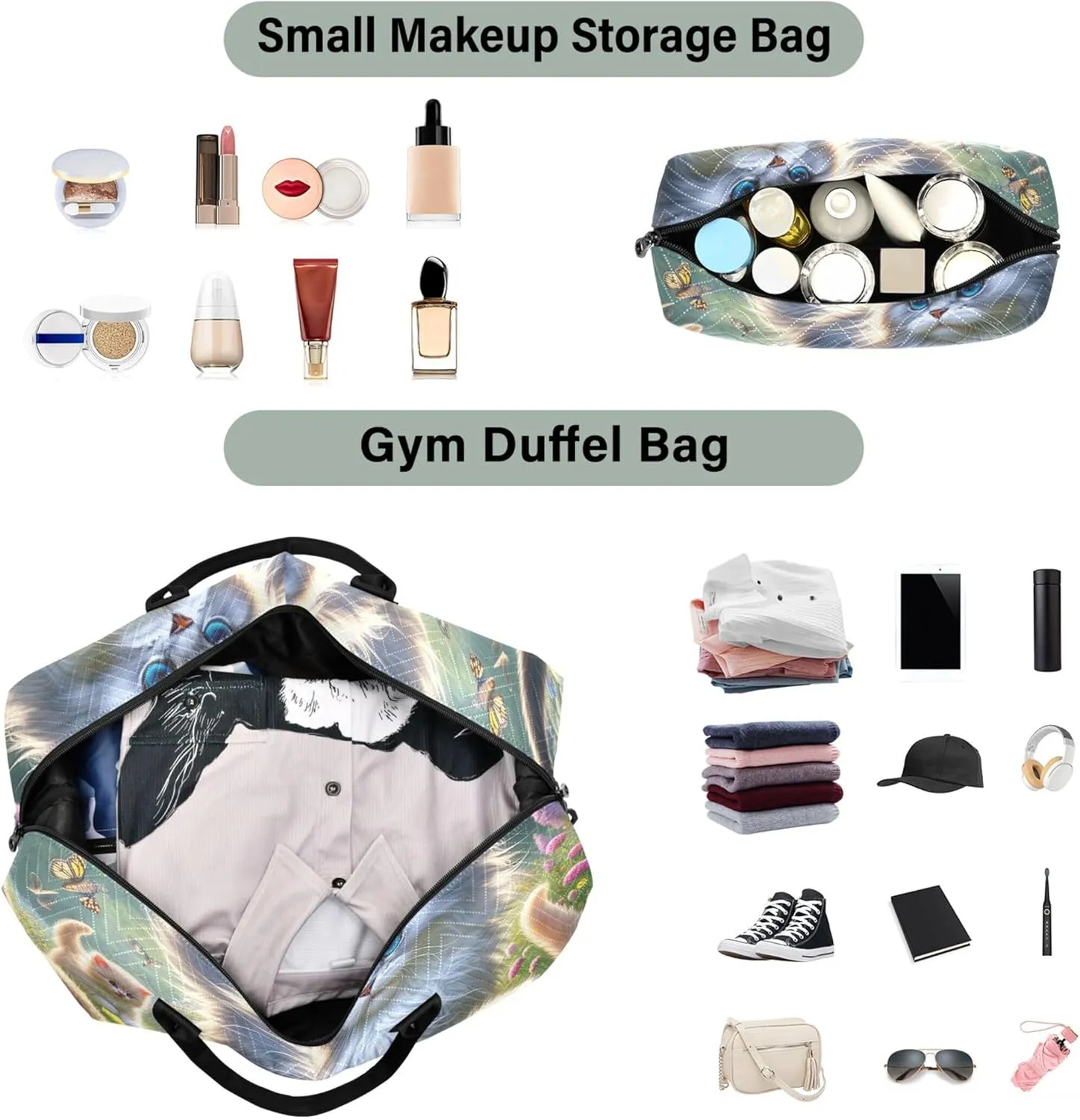 Cute Kitten Floral Cat Travel Duffel Bag Cosmetic Bag Set of 2, Print Women Tote Gym Bag Weekender Bag