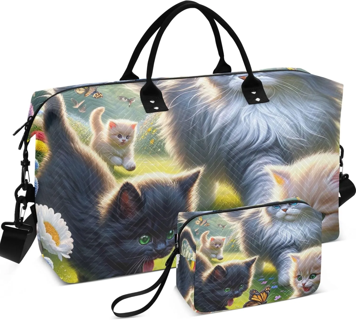 Cute Kitten Floral Cat Travel Duffel Bag Cosmetic Bag Set of 2, Print Women Tote Gym Bag Weekender Bag