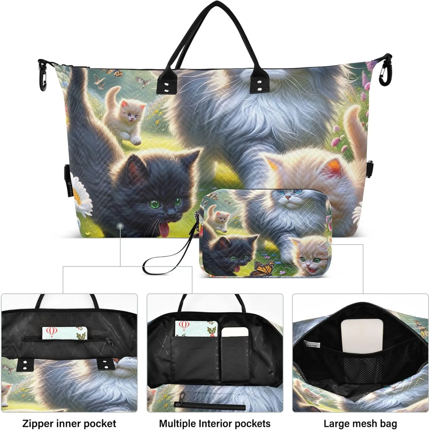 Cute Kitten Floral Cat Travel Duffel Bag Cosmetic Bag Set of 2, Print Women Tote Gym Bag Weekender Bag