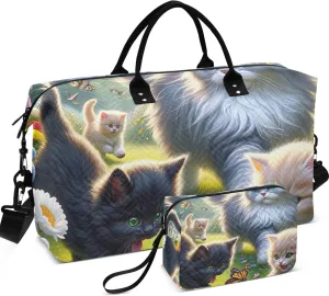 Cute Kitten Floral Cat Travel Duffel Bag Cosmetic Bag Set of 2, Print Women Tote Gym Bag Weekender Bag