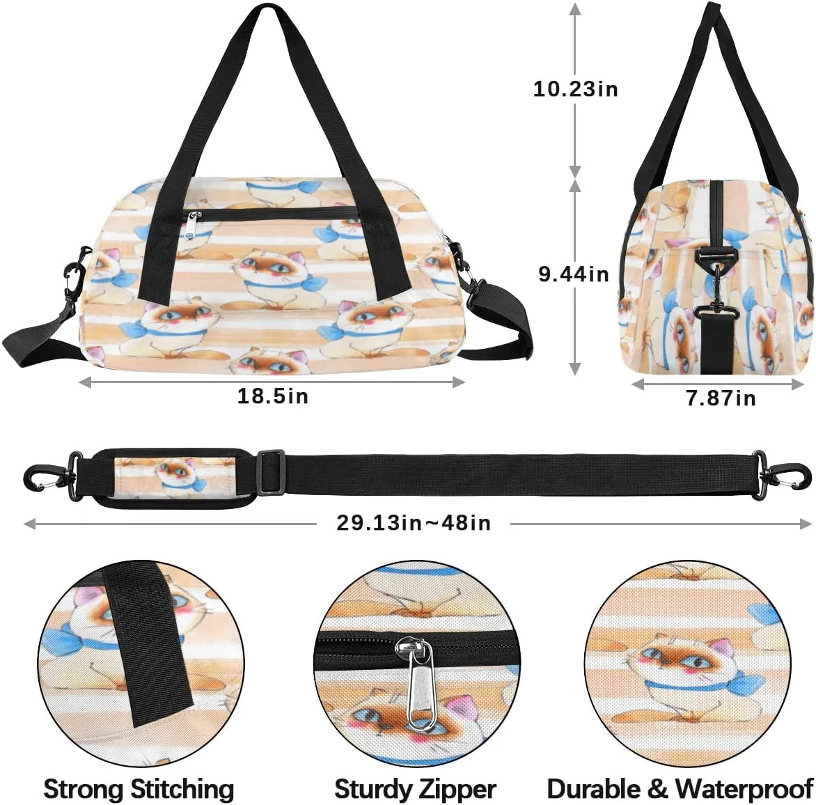 Cute Kitten Stripe Gym Bag, Duffle Bag, Weekender Bag, Duffel Bag, Overnight Bag, Travel Duffel Bag, Dance Bag, Tote Bag, Beach Bag, Pool Bag, Gym Duffle Bag, Carry on Bag