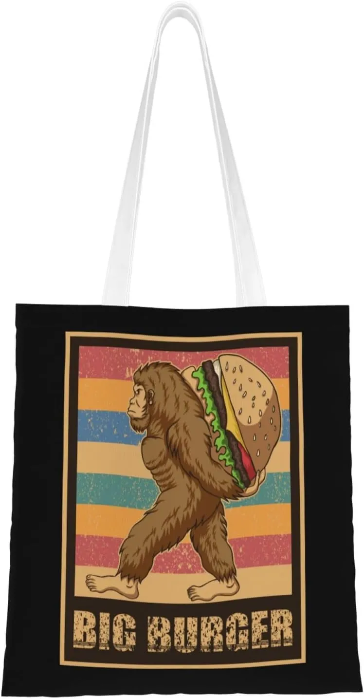 Cute Monkey Carrying a Burger Tote Bag for Women Canvas Shopping Bags Reusable Large Capacity Casual Shoulder Handbags Grocery Bags DIY Gift Bags
