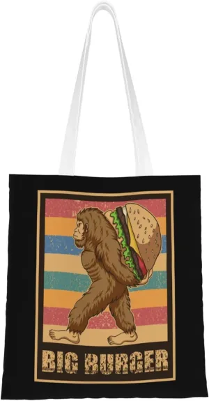 Cute Monkey Carrying a Burger Tote Bag for Women Canvas Shopping Bags Reusable Large Capacity Casual Shoulder Handbags Grocery Bags DIY Gift Bags