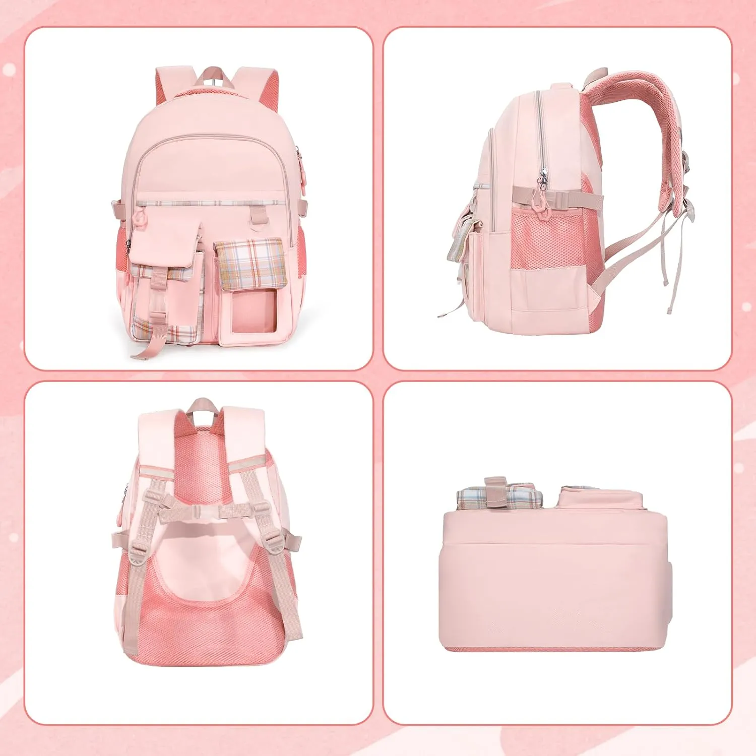 Cute Pink Backpack with Cartoon Doll and Plush Pendant, Aesthetic Kawaii Backpacks for Girls, Fashion BookBag for School