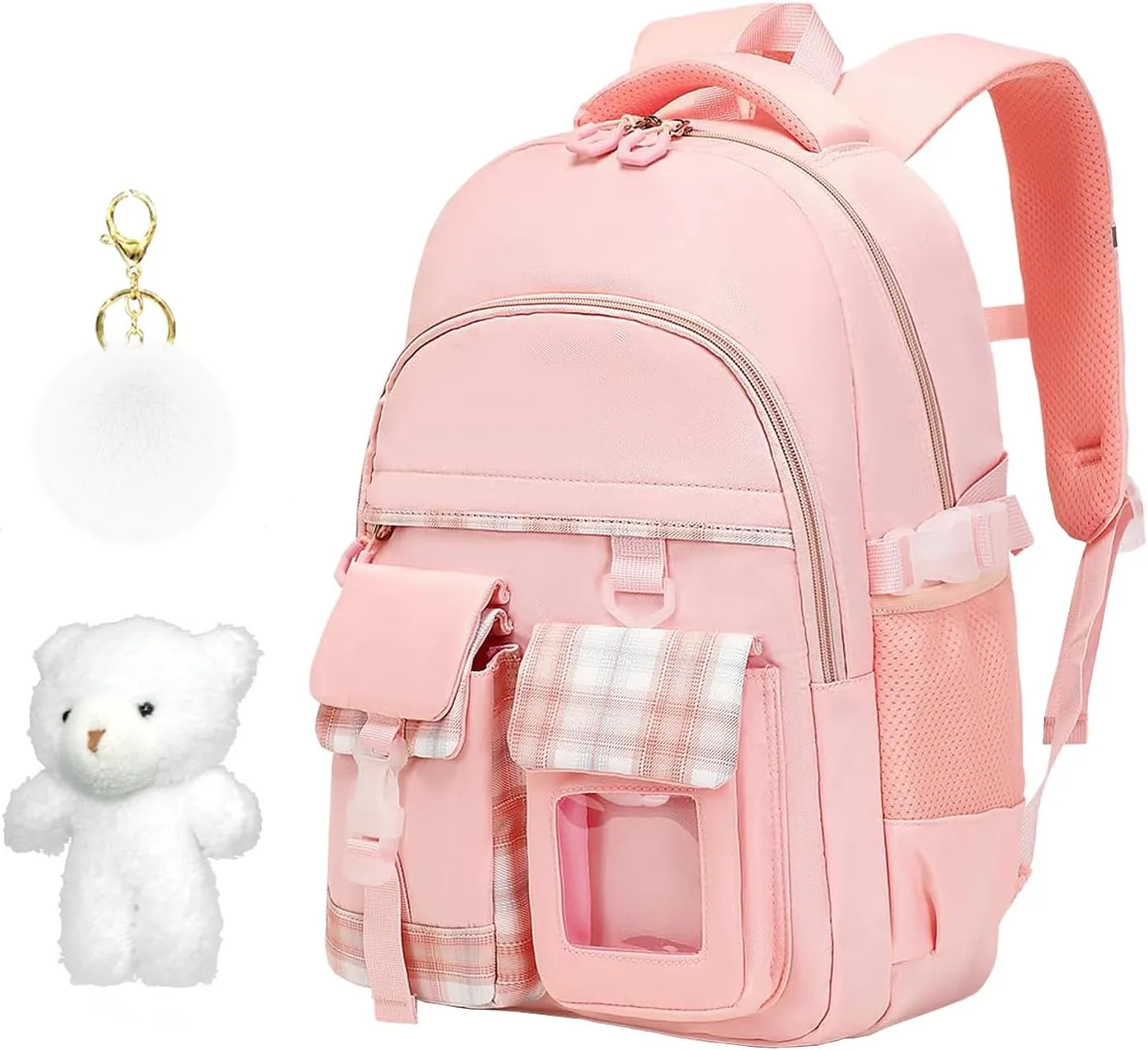 Cute Pink Backpack with Cartoon Doll and Plush Pendant, Aesthetic Kawaii Backpacks for Girls, Fashion BookBag for School