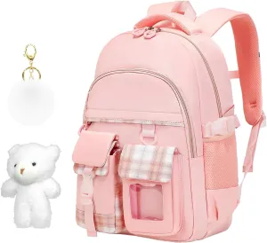 Cute Pink Backpack with Cartoon Doll and Plush Pendant, Aesthetic Kawaii Backpacks for Girls, Fashion BookBag for School