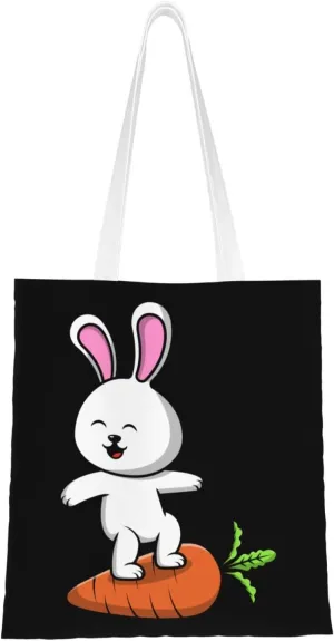 Cute Rabbit Stepping on a Carrot Tote Bag for Women Canvas Shopping Bags Reusable Large Capacity Casual Shoulder Handbags Grocery Bags DIY Gift Bags
